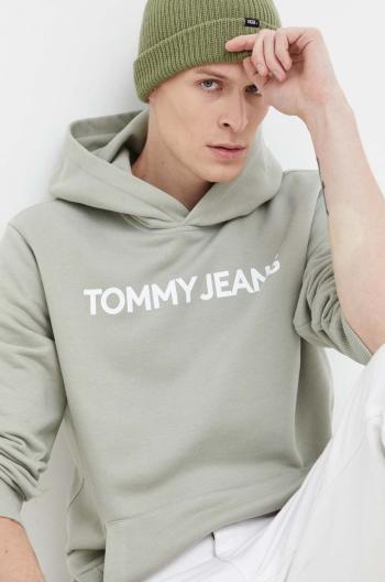 Bavlnená mikina Tommy Jeans pánska,zelená farba,s kapucňou,s potlačou,DM0DM18413