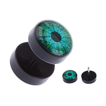 Čierny akrylový fake plug do ucha - modrozelené oko