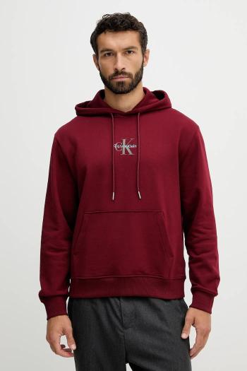 Bavlnená mikina Calvin Klein Jeans bordová farba, s kapucňou, s potlačou, LV04RD243G