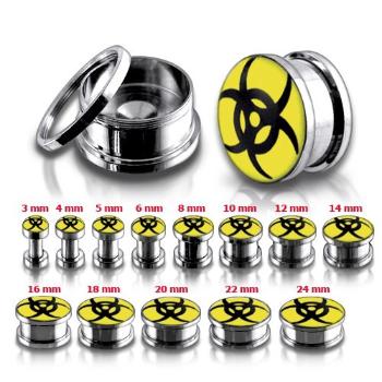Oceľový tunel plug do ucha - žltočierny symbol biohazardu, rôzne veľkosti - Hrúbka: 6 mm 