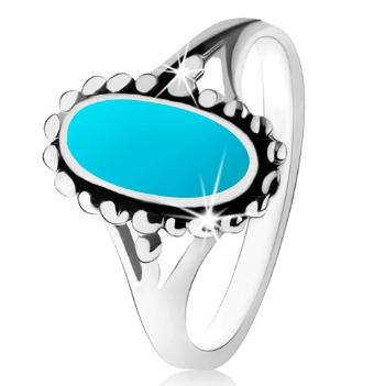 Strieborný prsteň 925, ovál v tyrkysovom odtieni, kontúra z guličiek, rozdelené ramená - Veľkosť: 49 mm