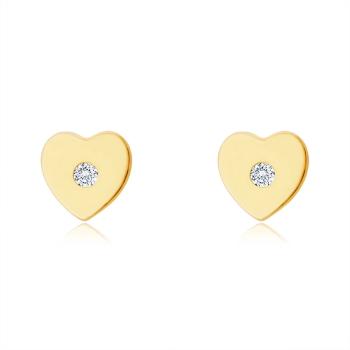Diamantové náušnice zo 14K žltého zlata - srdiečko s drobným briliantom 