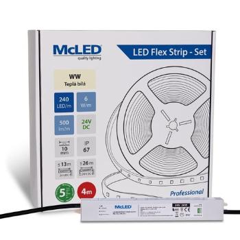 McLED  LED páska - sada 4 m, 240 LED/m, WW, 6 W/m, DC 24V, 500 lm/m, CRI90, IP67, 10 mm, vodič 3 m ML-126.034.90.S04001