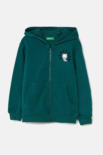 Detská bavlnená mikina United Colors of Benetton zelená farba, s kapucňou, vzorovaná, 3J68G5034