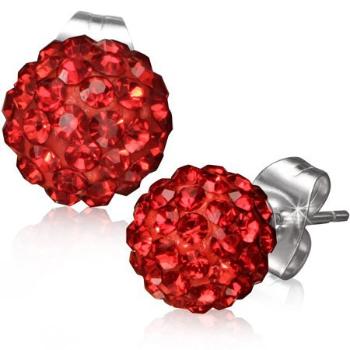 Náušnice z ocele 316L, červené Shamballa guľôčky, ligotavé zirkóny, 8 mm