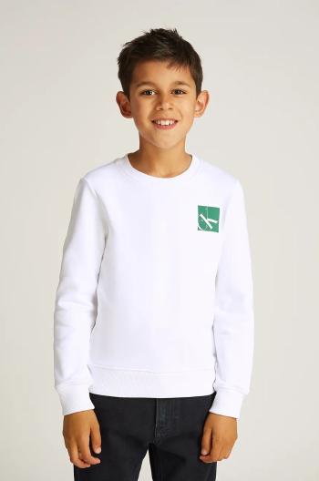 Detská bavlnená mikina Calvin Klein Jeans biela farba, s potlačou, IB0IB02375