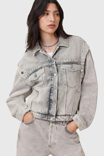 Bavlnená rifľová bunda AllSaints CHLO šedá farba, prechodná, oversize, W059OC