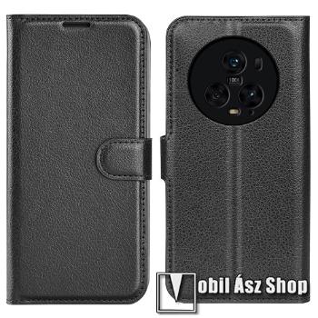 WALLET notesz tok / flip tok - FEKETE - asztali tartó funkciós, oldalra nyíló, rejtett mágneses záródás, bankkártyatartó zseb, szilikon belső - HUAWEI Honor Magic5 Pro / Magic5 Ultimate