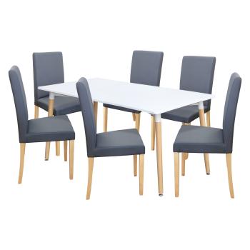 Jedálenský stôl UNO 160x90 biely + 6 stoličiek PRIMA sivá/svetlé nohy