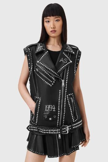 Kožená vesta AllSaints BILLIE čierna farba, prechodná, oversize, W051LC
