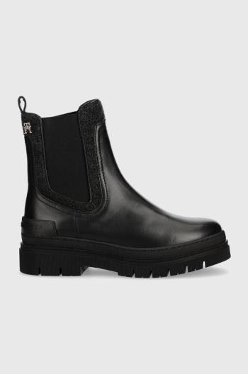 Členkové topánky Tommy Hilfiger FEMININE FELT CHELSEA BOOTIE dámske, čierna farba, na plochom podpätku, zateplené, FW0FW07655