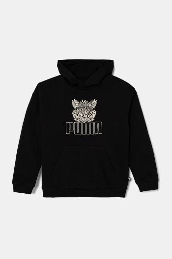 Detská mikina Puma ESS+ TROPICAT Hoodie čierna farba, s kapucňou, s potlačou, 681827