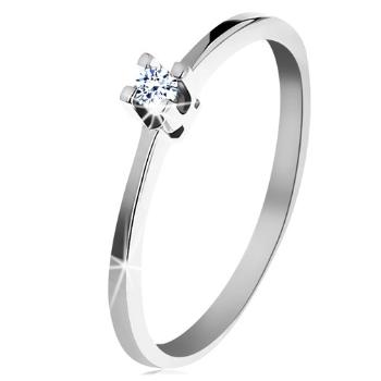 Prsteň z bieleho 14K zlata - tenké lesklé ramená, ligotavý číry diamant - Veľkosť: 57 mm