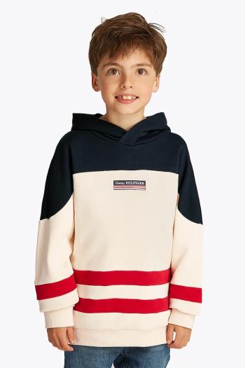 Detská bavlnená mikina Tommy Hilfiger béžová farba, s kapucňou, s nášivkou, KB0KB09584