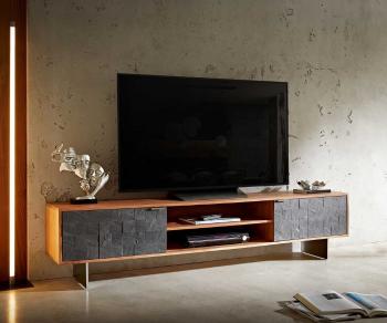 TV stolík Teele 200 cm prírodná agátová bridlica 2 dvierka podstavec
