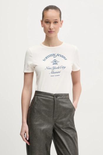 Bavlnené tričko Tommy Jeans dámske, béžová farba, DW0DW20323