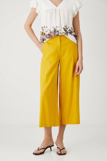 Ľanové nohavice Medicine žltá farba, strih culottes, stredne vysoký pás
