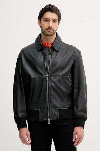Kožená bunda BOSS Orange čierna farba, prechodná, oversize, 50543240