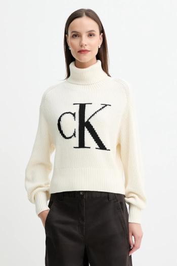 Bavlnený sveter Calvin Klein Jeans béžová farba, teplý, s rolákom, LV047D349G
