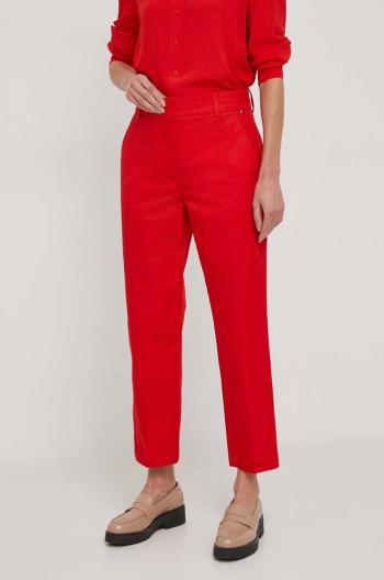Nohavice Tommy Hilfiger dámske, červená farba, rovné, vysoký pás, WW0WW40504