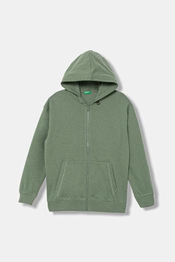 Detská bavlnená mikina United Colors of Benetton zelená farba, s kapucňou, jednofarebná, 3NBMC505H