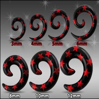 Čierny expander do ucha - špirála s červenými hviezdami - Hrúbka: 4 mm