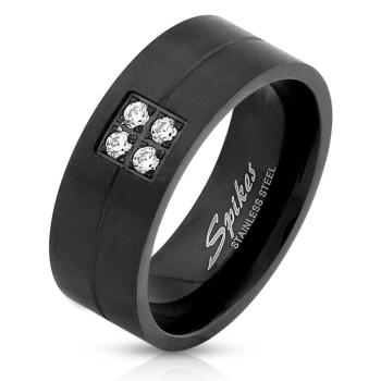 Prsteň z ocele v čiernej farbe - štyri ligotavé zirkóniky, 8 mm - Veľkosť: 62 mm