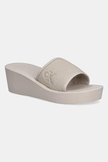 Šlapky Calvin Klein Jeans BEACH WEDGE SLIDE CANVAS béžová farba, na kline, YW0YW01725