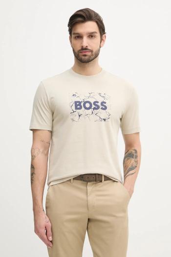 Bavlnené tričko BOSS Orange pánske, béžová farba, s potlačou, 50539186