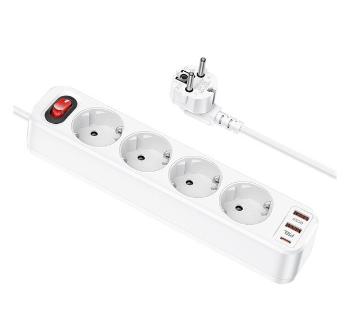 Hoco Aura NS1 power strip 4-bit elosztó aljzat + 2xUSB QC3.0 18W + Type-C PD 20W, fehér