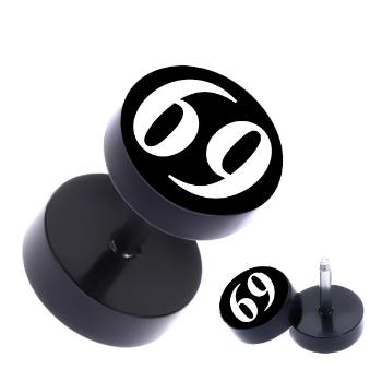 Čierny okrúhly fake piercing do ucha z ocele s číslom "69"