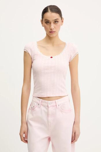 Bavlnené tričko Tommy Jeans dámske, ružová farba, DW0DW20621