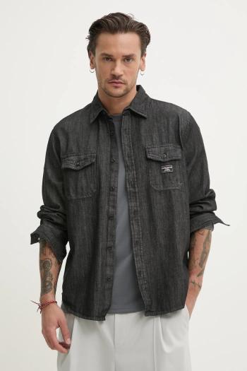 Rifľová košeľa Guess Jeans pánska, čierna farba, voľný strih, s klasickým golierom, M5RH56 D5M91