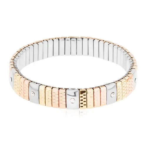 Trojfarebný náramok z chirurgickej ocele, úzke gravírované články, číre zirkóny