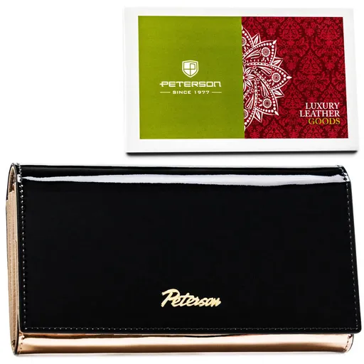 Veľká, horizontálna dámska peňaženka čiernej a zlatej farby so zapínaním na patentku - Peterson