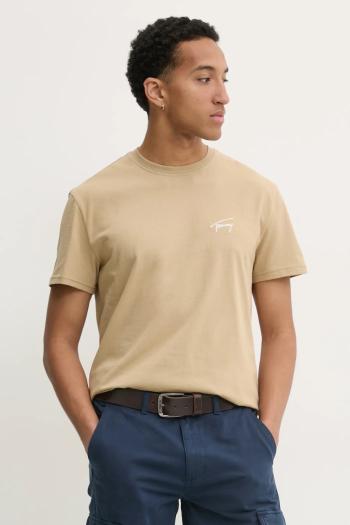 Bavlnené tričko Tommy Jeans pánske, béžová farba, s nášivkou, DM0DM21140