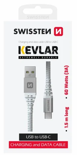 SWISSTEN DÁTOVÝ KÁBEL KEVLAR USB / USB-C 1,5 M BIELÝ