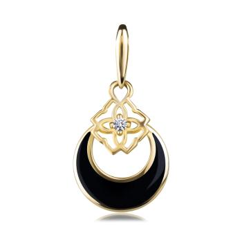 Zlatý prívesok 585 - kruh s výrezom a čiernou glazúrou, ornament, zirkón