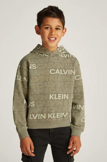 Detská bavlnená mikina Calvin Klein Jeans 0 zelená farba, s kapucňou, vzorovaná, IB0IB02381