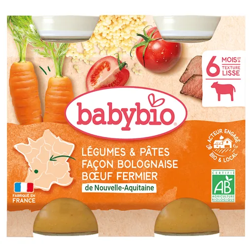 BABYBIO Denné menu Zelenina s cestovinami na bolonský spôsob s farmárskym hovädzím mäsom 2x200 g