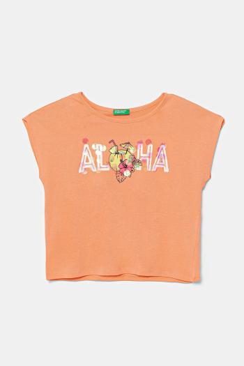 Detské bavlnené tričko United Colors of Benetton oranžová farba, 3I1XC10P0