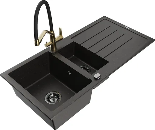 MEXEN/S MEXEN/S - Andres granitový drez s odkvapkávačom vrátane batérie Duo, čierna/zlatá metalik 6515-75-671701-57-B
