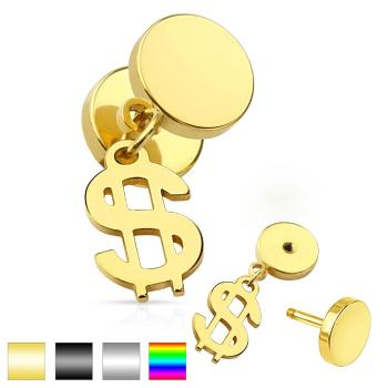 Nepravý plug do ucha z chirurgickej ocele, lesklé kruhy, symbol dolára - Farba piercing: Čierna