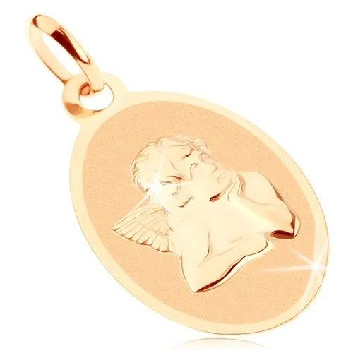 Prívesok zo žltého 9K zlata - oválny plochý medailón s anjelom, lesklo-matný