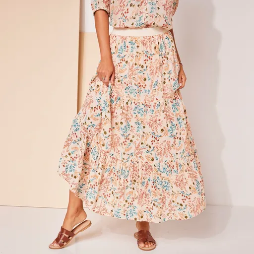 Dlhá volánová sukňa s potlačou kvetov