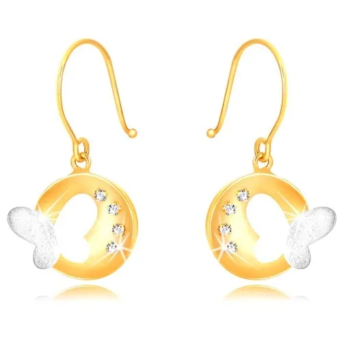 Náušnice z kombinovaného zlata 375 - lesklý krúžok s motýľom a zirkónmi