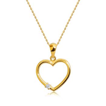 Briliantový náhrdelník zo 14K žltého zlata - kontúra srdca, okrúhly diamant, tenká retiazka 