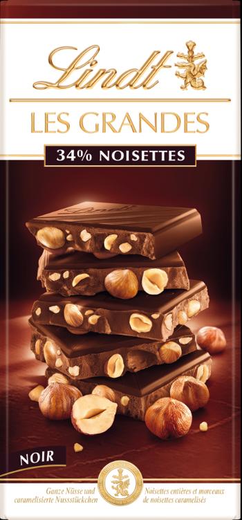 LINDT Horká čokoláda Les Grandes s celými lieskovými jadrami 150 g