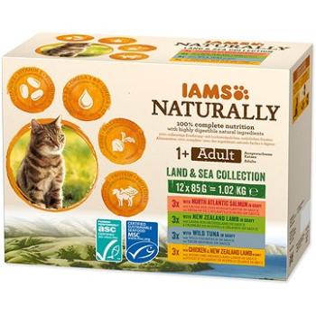 IAMS Naturally pre dospelé mačky s jahňacím, tuniakovým, lososovým a kuracím mäsom v omáčke 12 × 85 (8710255161792)