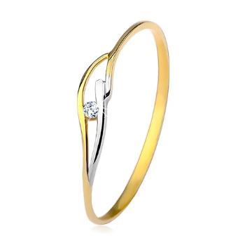 Prsteň v žltom a bielom 14K zlate, úzke ramená, vlnky a zirkón čírej farby - Veľkosť: 54 mm